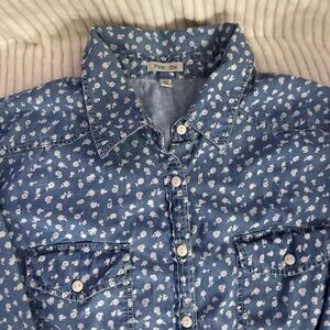 Per Se Women’s Blue Floral Denim Chambray Button Down Shirt Size 2XL